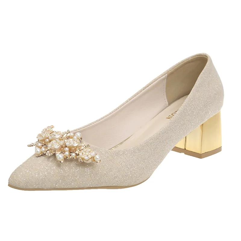 

Fashion Ladies Shoes 2025 New Pointed Toe Women s High Heels Fashion Metal Decor Pearl Dress Pumps Women Square Heel Wedding Bride Shoes 35