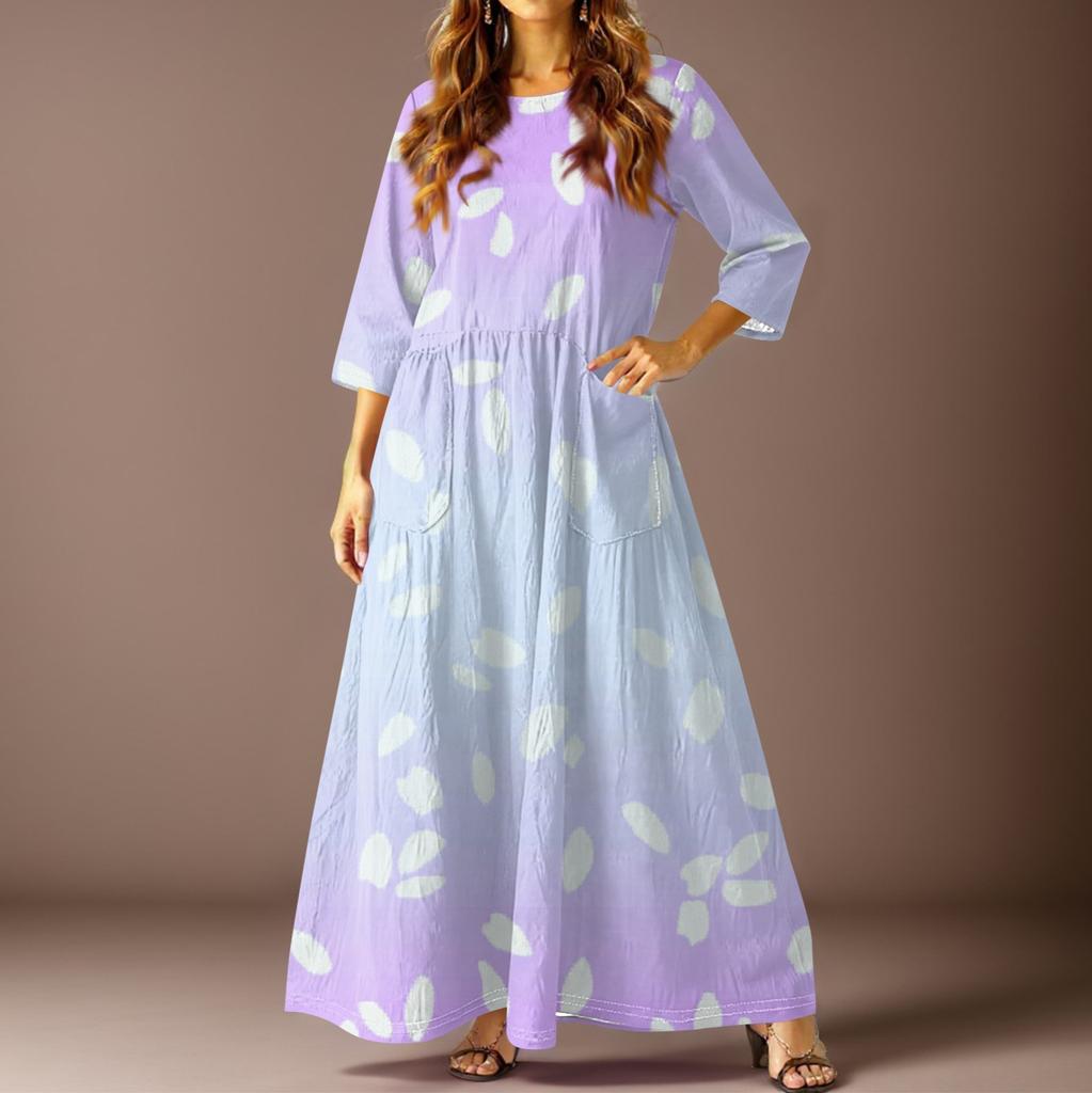 Women's Casual Fashion Vintage Floral Print Three-quarter Sleeve Long Dress With Pockets