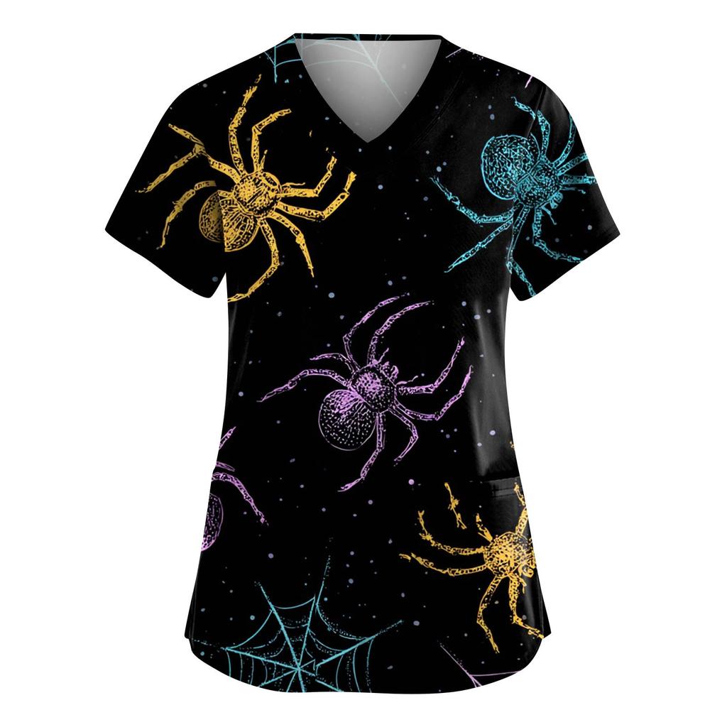 Women's Fashion V-Neck Short Sleeve Overalls With Pockets Halloween Printed Tops  Apparel