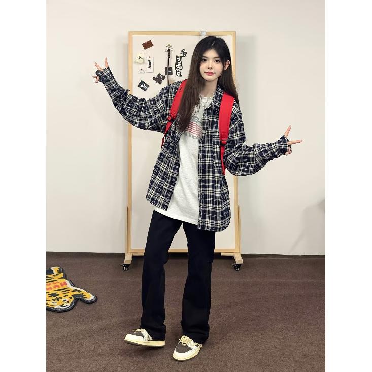 2024 Plaid Long Sleeve Shirt Japanese Hong Kong Style Ins Loose Shirt Boys Summer Trendy Versatile Casual Coat