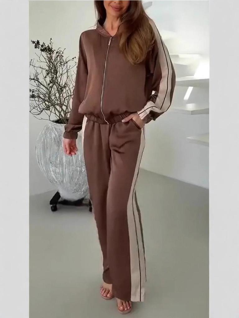 2025 Spring & Autumn Fashion Solid Color Splicing Jacket & Wide-Leg Long Pants Set