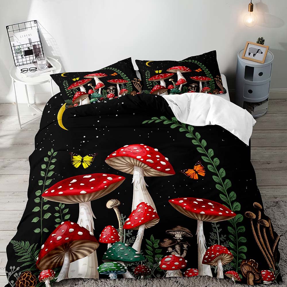 Mushroom King Duvet Cover Set Teens Girls Boys Kids Single Bedding Wonderland Enchanted Forest Butterfly Comforter Cover Set