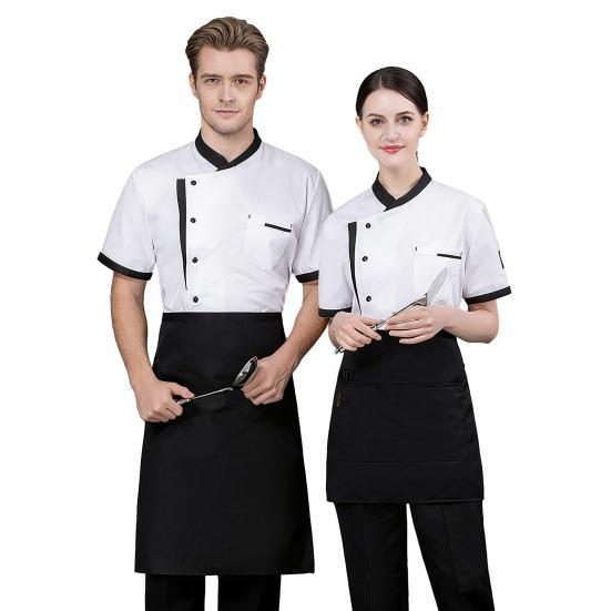 Chef Uniform Chinese Stand-Up Collar Short Sleeve Unisex Chef Tops with Practical Button Closure Color Matching Functional Pocket Restaurant Kitchen