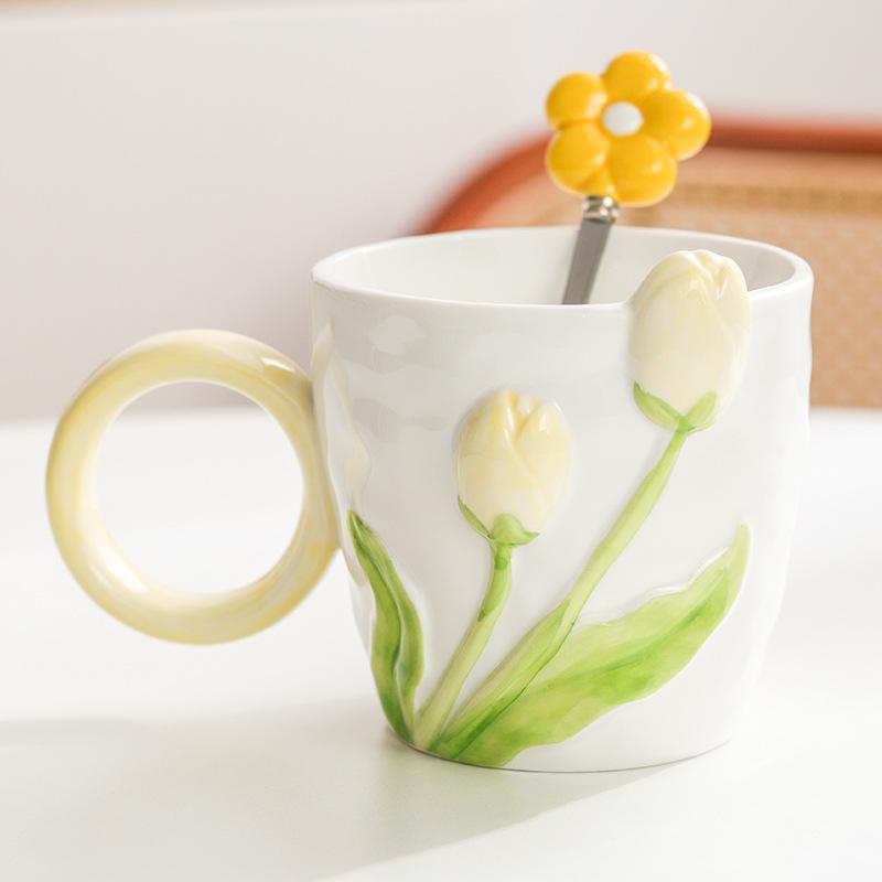 Ins High Value Tulip Mug Niche Design Sense Ceramic Cup for Girls Drinking Water Cup Coffee Cup for Home Use