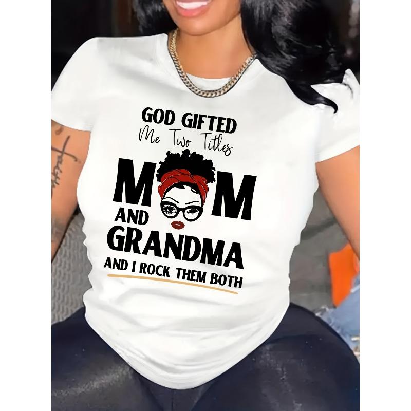 

European sizes MOM & GRANDMA Print T-shirt, Casual Short Sleeve Crew Neck Top For Spring & Summer, Women s Plus Size Clothing S белый