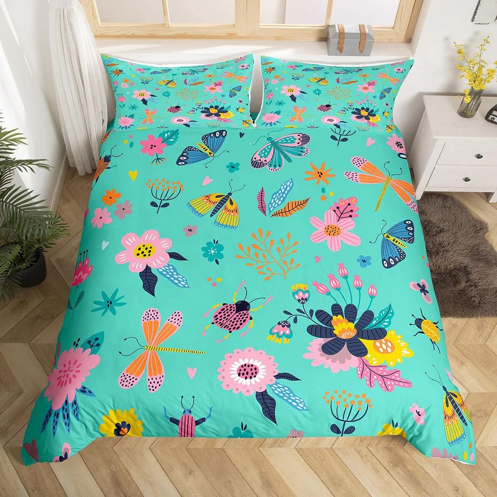 Boho Dragonfly King Queen Duvet Cover Cute Flower Love Heart Bedding Set Watercolor Floral Rustic Style Polyester Quilt Cover