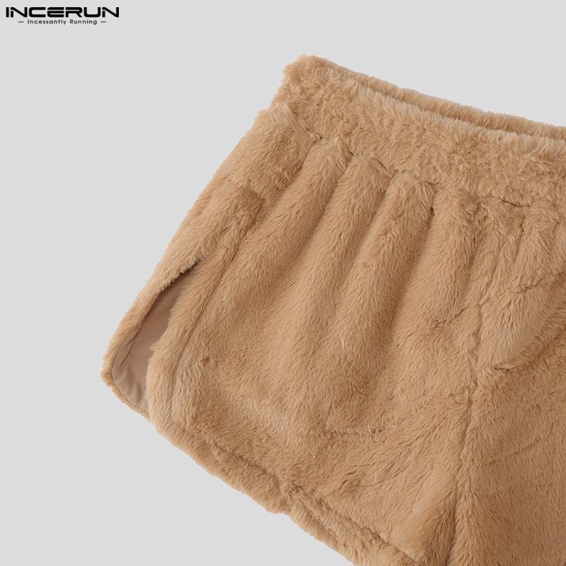 INCERUN Women Elastic Waist Shorts Furry Splits Side Mini Pants Home Wear