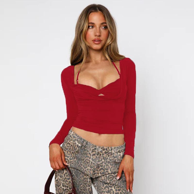 European and American ins style women's clothing autumn new fashion sexy spice girl hanging neck with open navel long-sleeved top