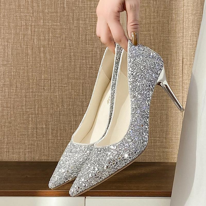 Wedding Shoes Women's Winter Bride Shoes Sequined Wedding Dress Two Wear Crystal Shoes New Silver Bridesmaids High Heels Thin Heels Not Tired Feet