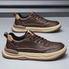 Men's Genuine Leather Crooked Head White Sneakers - Spring, Versatile, Thick Sole, Breathable, Hollow Casual Board Shoes