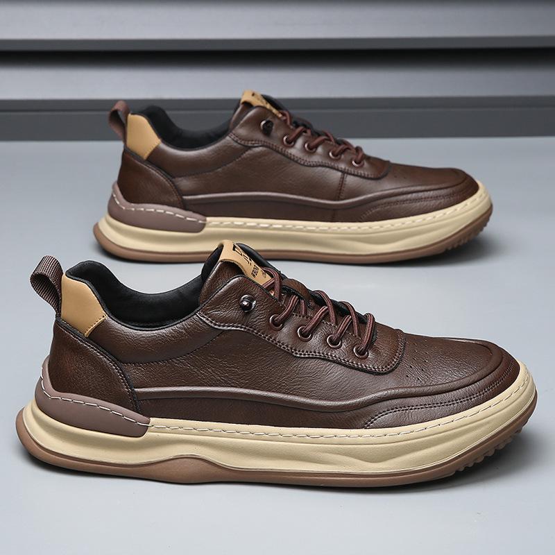 Men's Genuine Leather Crooked Head White Sneakers - Spring, Versatile, Thick Sole, Breathable, Hollow Casual Board Shoes