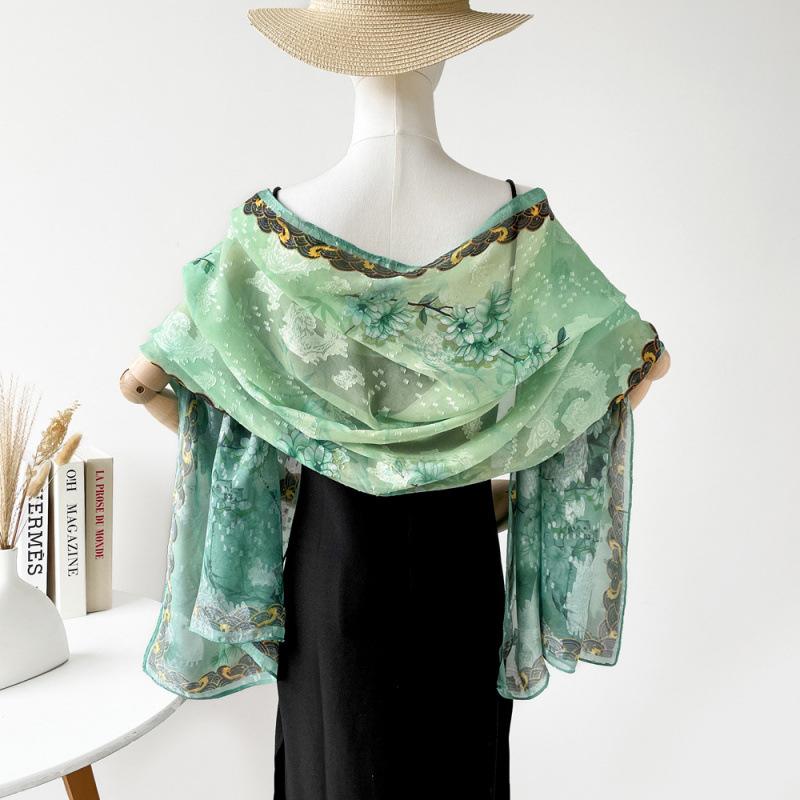 National Style and National Trend Green Hollow Flower-cutting Dinner Shawl for Women New Craft Printed Silk Scarf High-end Wedding Scarf