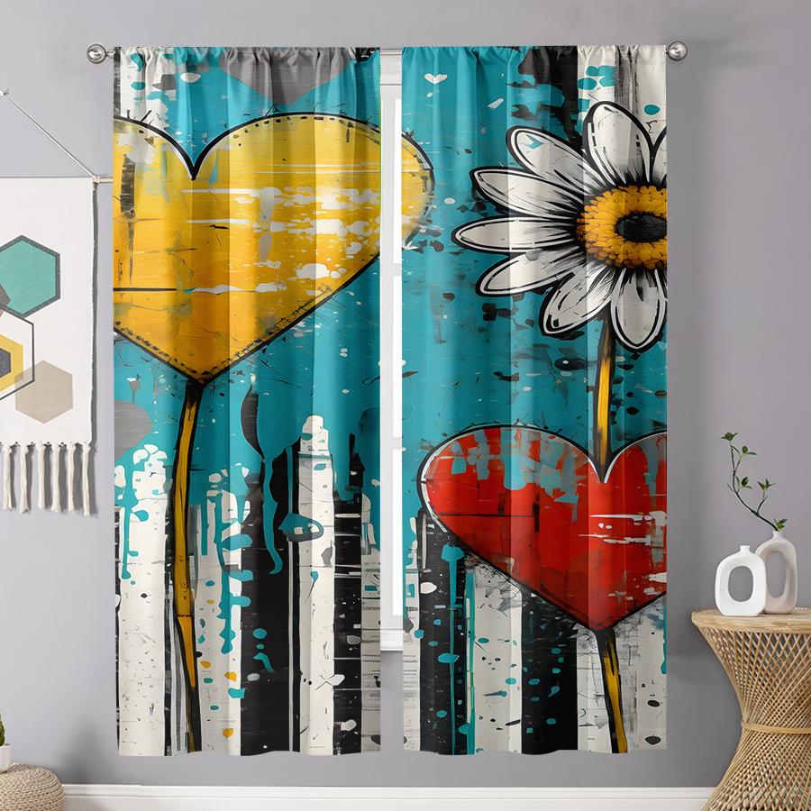 2PCS Blues Graffiti Heart Daisy Curtains   Cool City Art Style   Valentine's Day   Bedroom Living Room   Pull up Pocket Style