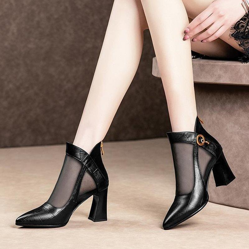 Fashion Comemore Women's Summer Mesh Boots High Heel Zipper Sexy Black Lace-Up Square Heel Sandals Pumps Shoes Ladies Zapatos De Mujer