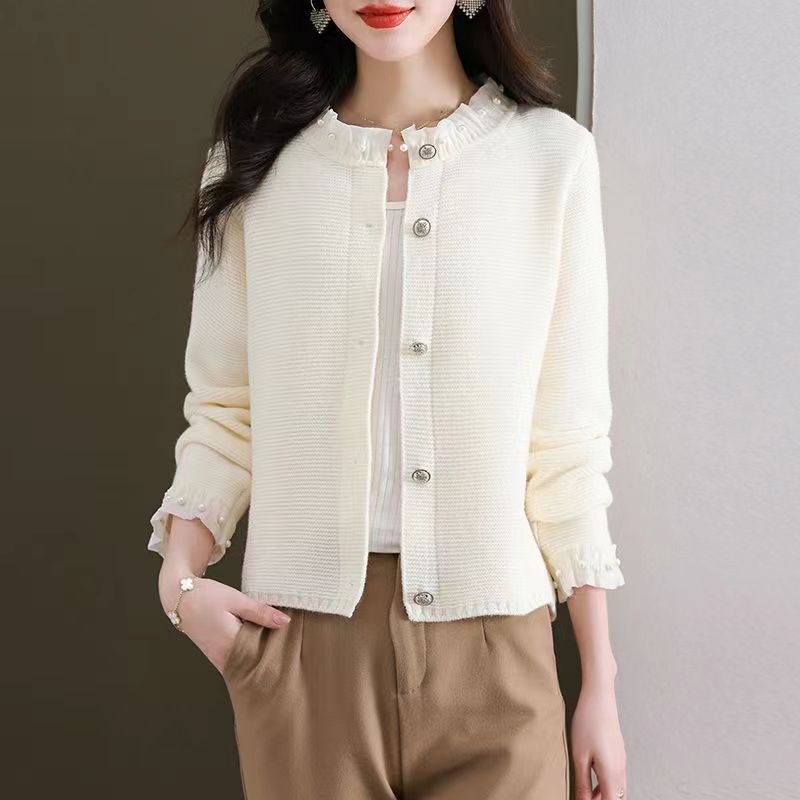 

New temperament lace pearl buckle sweater cardigan knitted jacket lady top jacket one size fits all