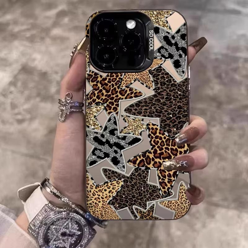 Leopard Print Stars Electroplate Silver IMD Phone Case For iPhone 17 16 Pro Max 15 14 13 12 11 Pro 16E 7 8 Plus X XS XR SE Cover