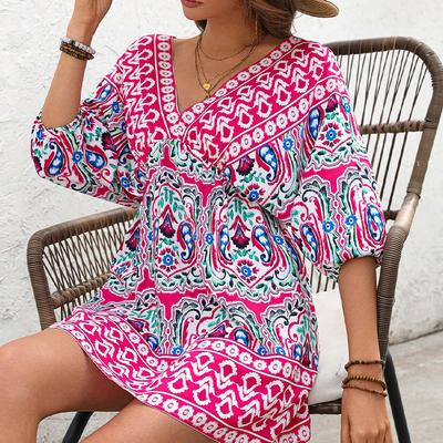Vintage Baskılı Yüksek Bel Kadın Elbiseleri Moda Fırfırlı Kısa Kadın Elbiseleri Yaz Bohem Plaj Tatili Günlük Güneşlik Elbise