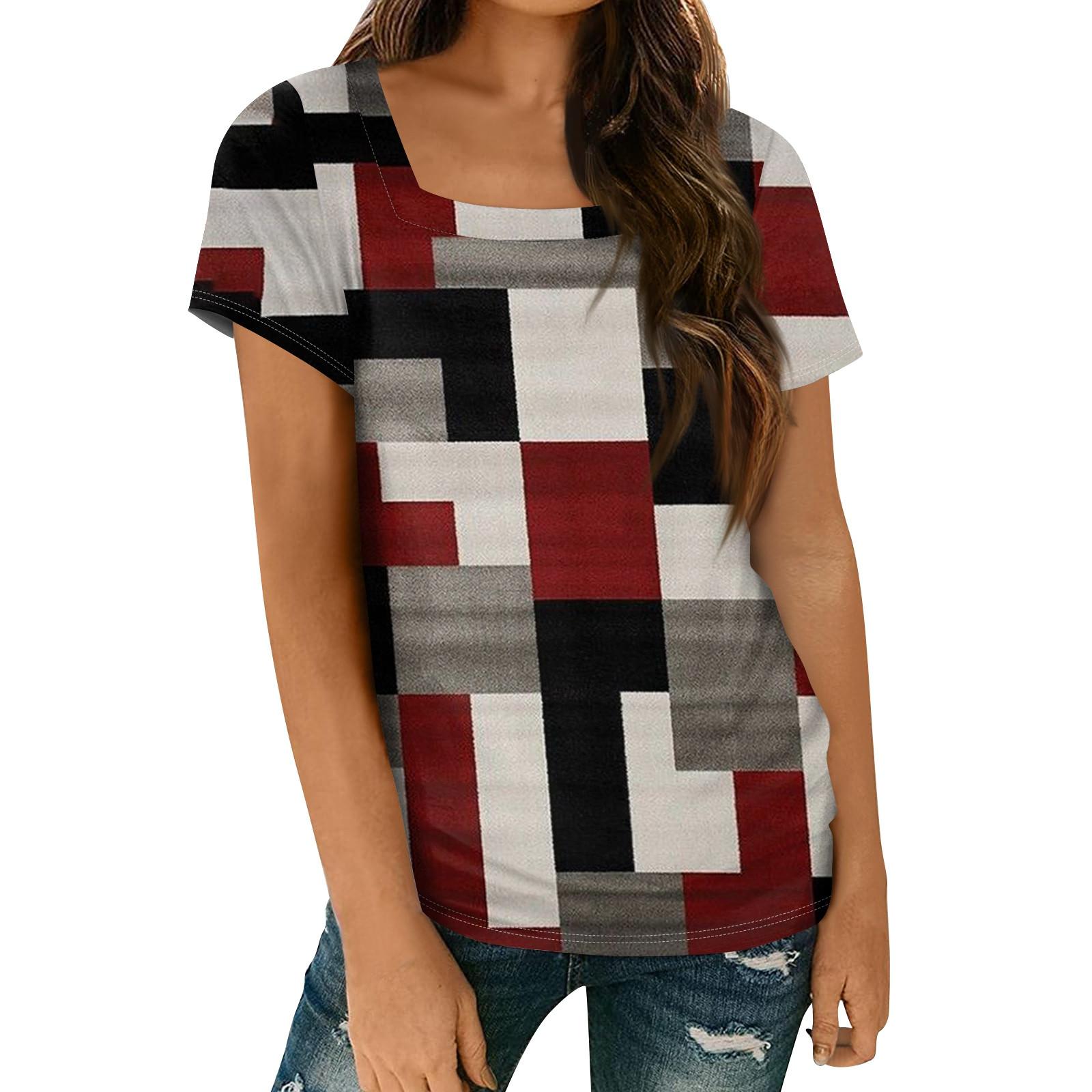 

Женские топы, весенне-летняя повседневная футболка с коротким рукавом и квадратным вырезом, базовая футболка с принтом XL винный