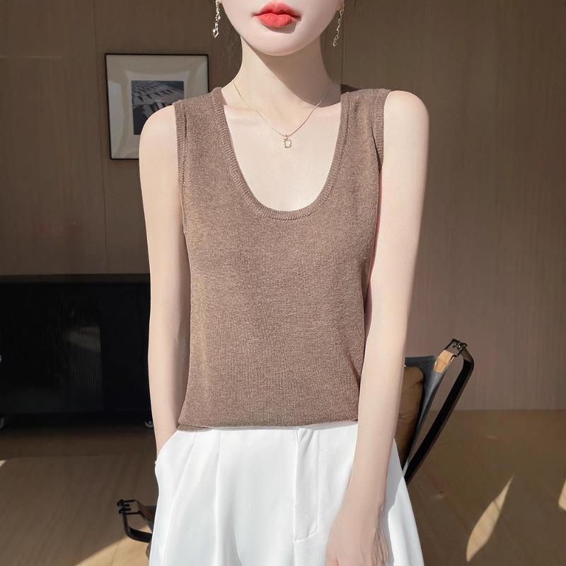 

Summer New Knitted Sleeveless Vest Loose and Versatile T-shirt Short-sleeved Top with Base Layer XXL света кофе