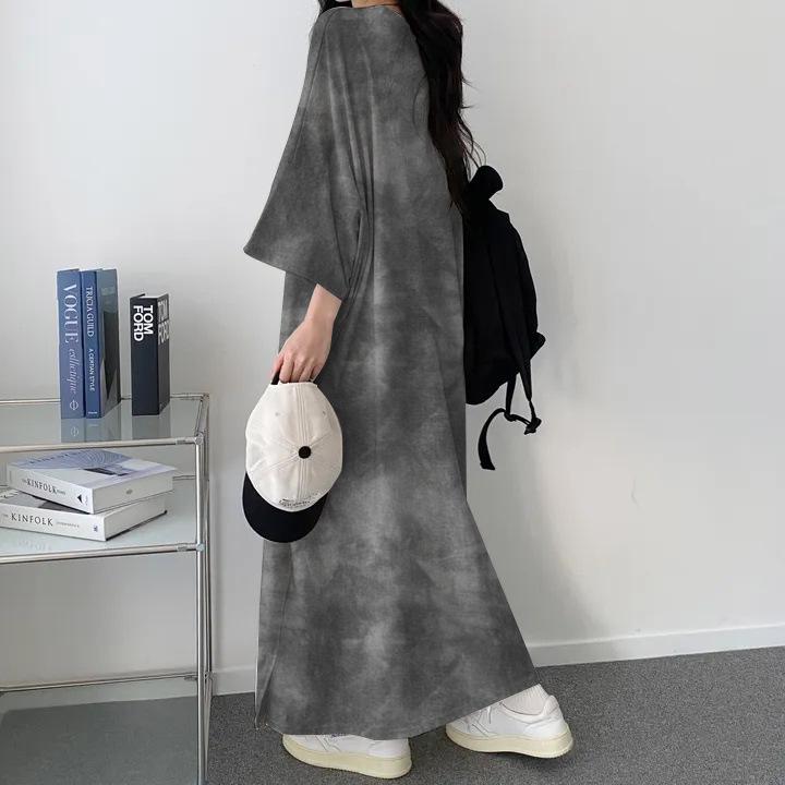 Plus Size Tie-Dye Mid-Length Casual Short-Sleeve Dress - Japanese Korean Style Summer Women's T-Shirt Dress