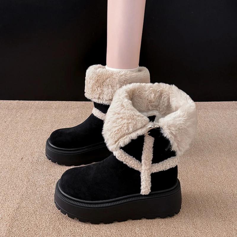 Winter Warm Cotton Women Fur Snow Boots Fashion Chunky Platform Flats Shoes Ladies Comfort Furry Short Booties Shoes