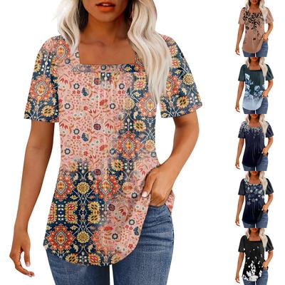 T-Shirts für Damen, plissiert, quadratischer Ausschnitt, elegante, lässige Blusen, bedruckt, kurzärmelig, Sommeroberteile, lockere Passform