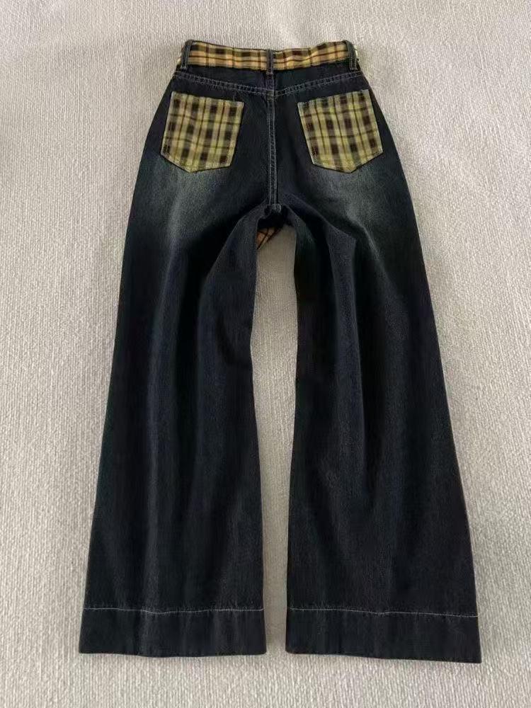 Women's High Waist Retro Plaid Bowknot Patchwork Wide Leg Jeans (2025 Design)