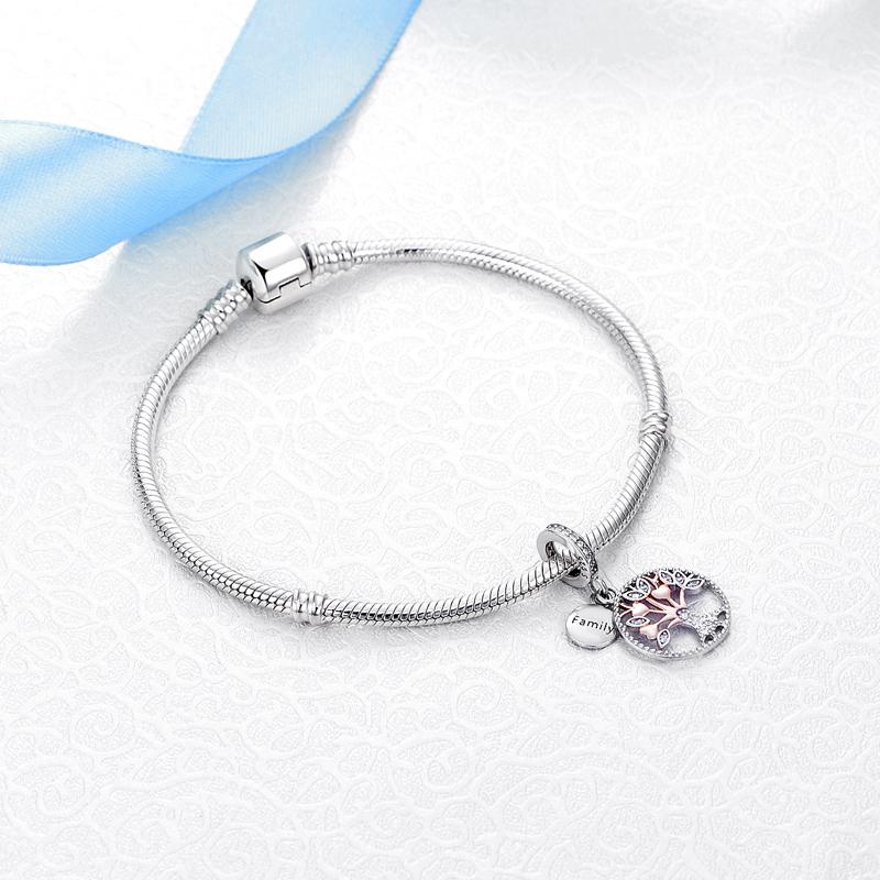 Original 925 Sterling copper Charm Bead Family Tree Mom Pendant Safety Chain Charms Rose Gold Fit Brand Bracelets DIY Zircon
