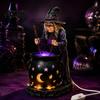 Luce LED Calderone Strega Statua Halloween con Calderone Luminoso Alimentato da USB Resina Nero Decorazione Atmosfera Festa Pentola Statuetta Verde/Viola per