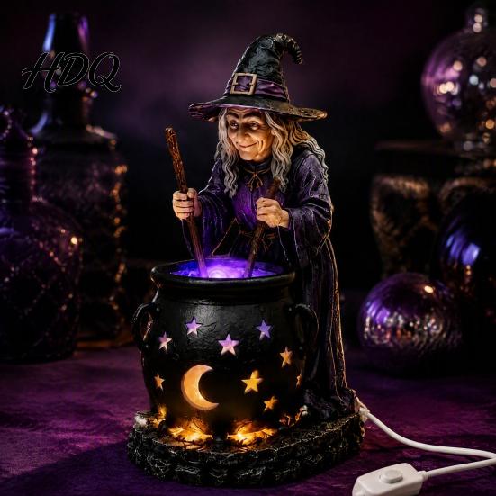 Luce LED Calderone Strega Statua Halloween con Calderone Luminoso Alimentato da USB Resina Nero Decorazione Atmosfera Festa Pentola Statuetta Verde/Viola per