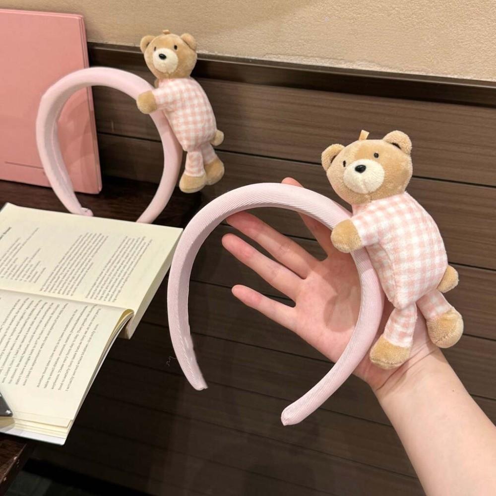Elastic Cute Hair Hoops Soft Lay Down Bear Hairbands Gingham Tiaras Cartoon Bear Headwear Makeup