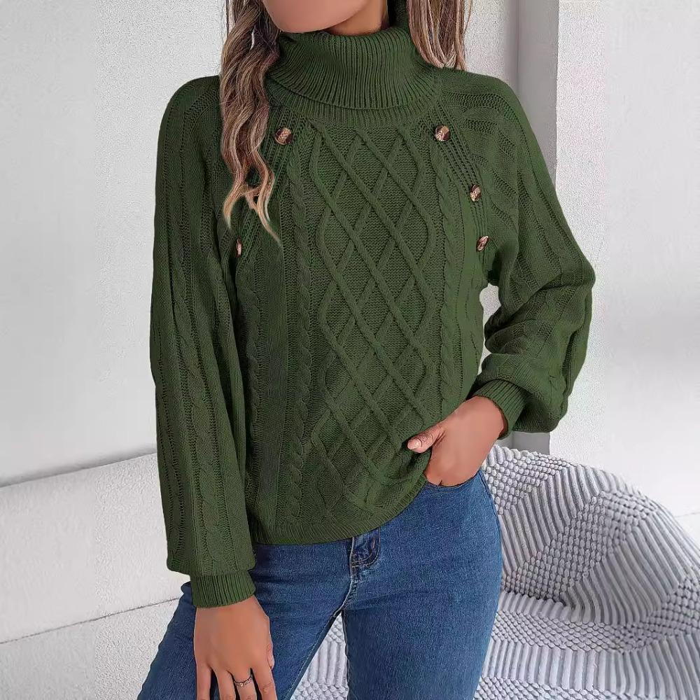 Autumn/Winter Casual Solid-Colour Buttoned Cable-Knit Turtleneck Bell-Sleeve Pullover for Women
