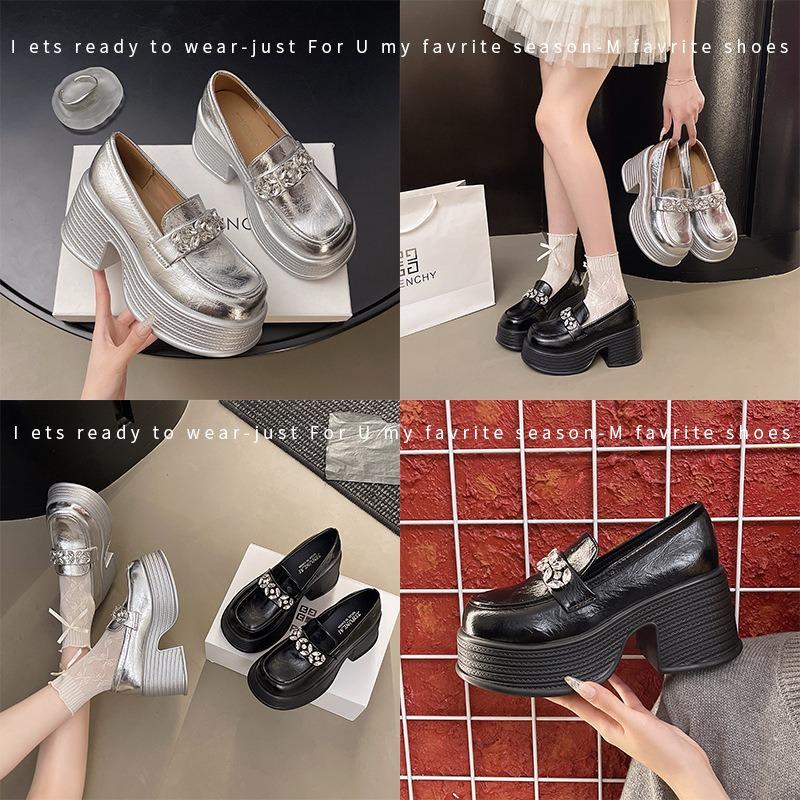Small high heels spring new leather square head rhinestone single shoes platform thick heel fashionable versatile shoes