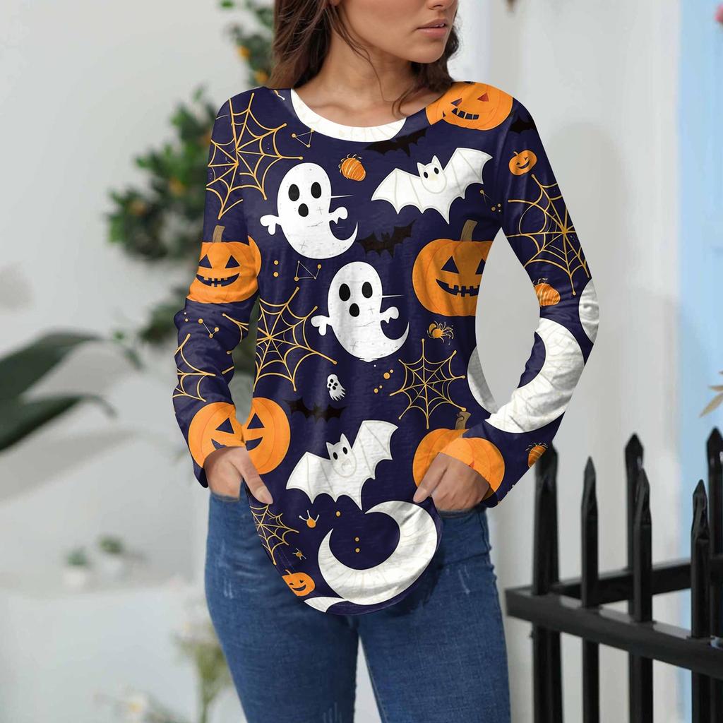 Women's Loose Fit Long Sleeve T-Shirt with Retro Halloween Print, Neck Pullover Top