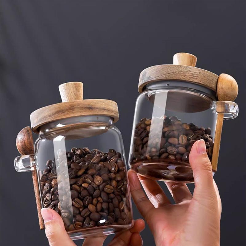Glass Containers Food Storage Jars With Wooden Lids And Scoop Glass Sealed Jar Airtight Jar For Sugar Coffee Bean Candy