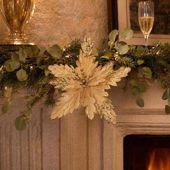 DYS Artificial Flowers with Gold Powder & Beads, Multi-Color Glitter Christmas Flowers, Multi-Layered Fabric Petals, Bendable Stems for Holiday