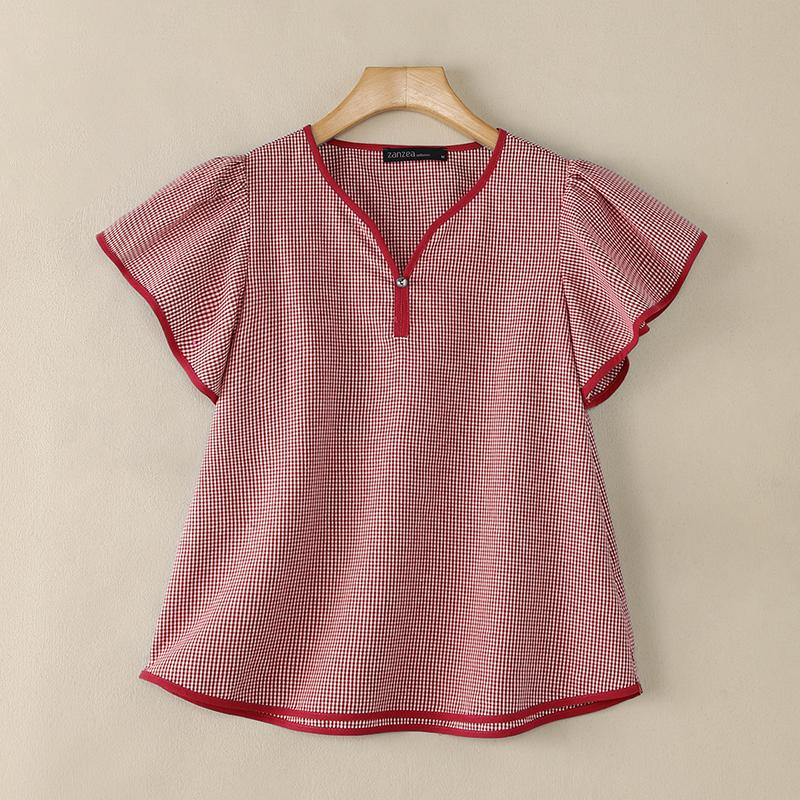 ZANZEA Women Casual V-Neck Short Sleeve Loose Grid Print Blouse S красный