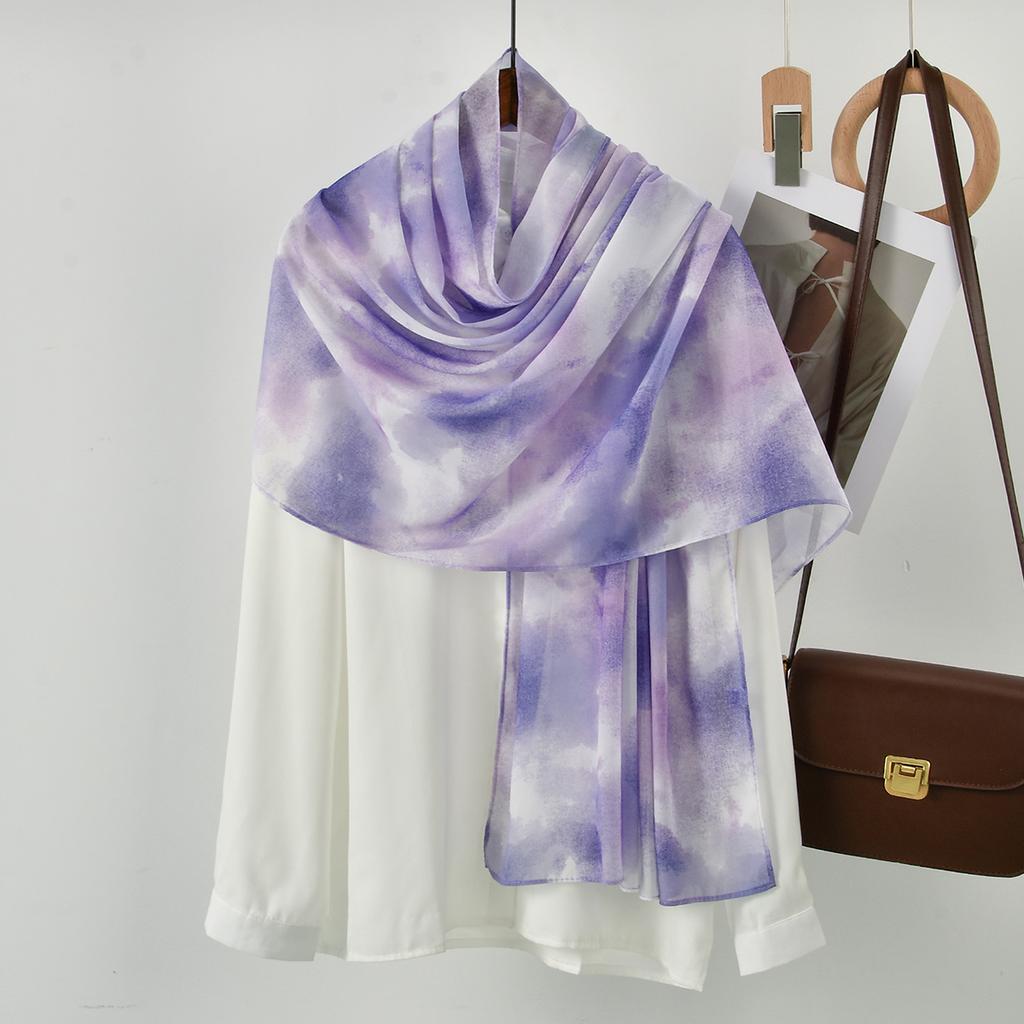 New Arrival Watercolor Digital Print Chiffon Hijab Scarf Woman Muslim Hijab Shawls Lady Colorful Blue Ethnic Islamic Turban