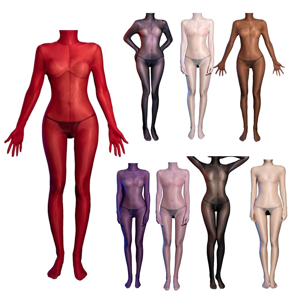 Womens Glossy Sheer Bodystocking Bodysuit Fully Head Hands Covering Crotchless See-Through Tempting Teddies Lingerie Nightwear