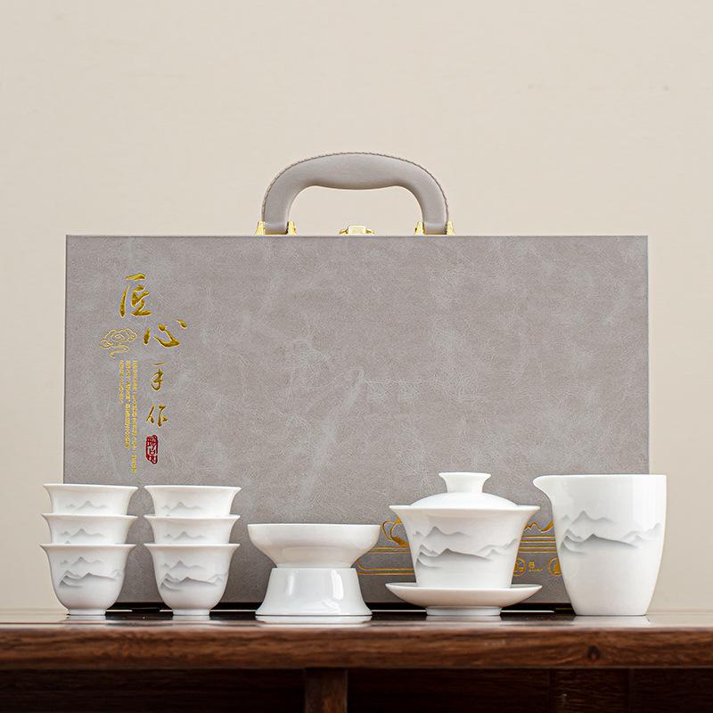 Suet jade tea set, kung fu set, white porcelain office household teapot cover bowl teacup