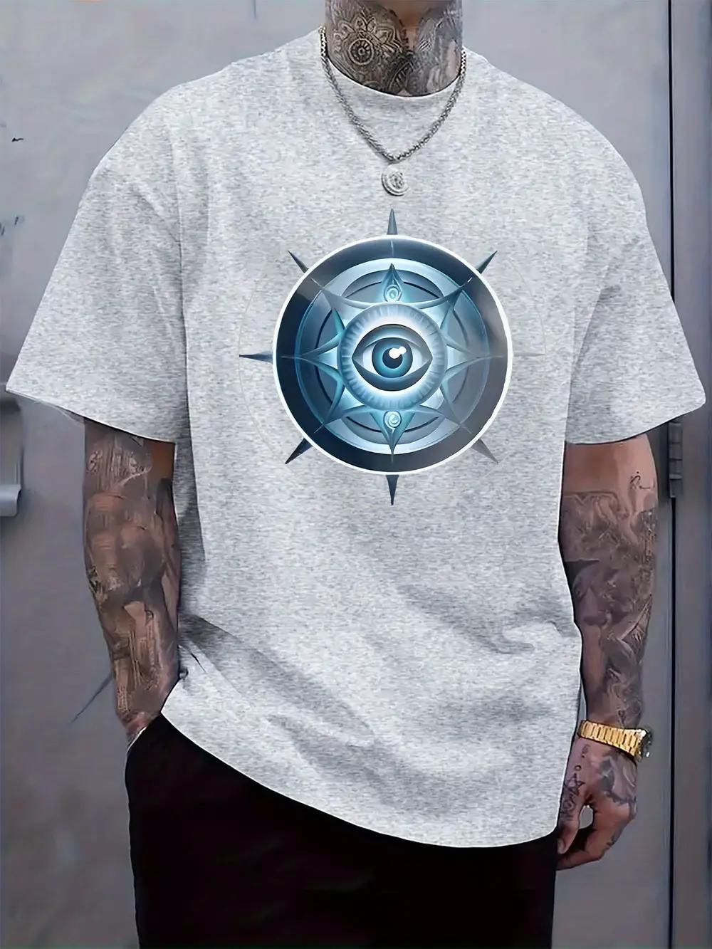 Mystical Blue Eye Totem Print T-shirt - Regular Fit Casual Short Sleeve Summer Tee with Intricate Geometric Design XXXXL