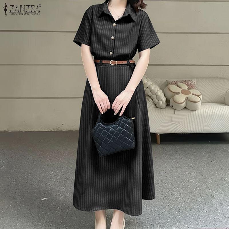 ZANZEA Women Short Sleeve Blouse and Long Skirts Casual Stripr Print Two Piece Sets