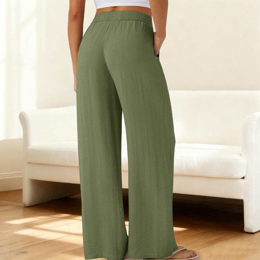 Wide Leg Pants for Women Flowy  Drawstring Elastic Waist Trousers with Pockets Summer Beach Vacation Clothes