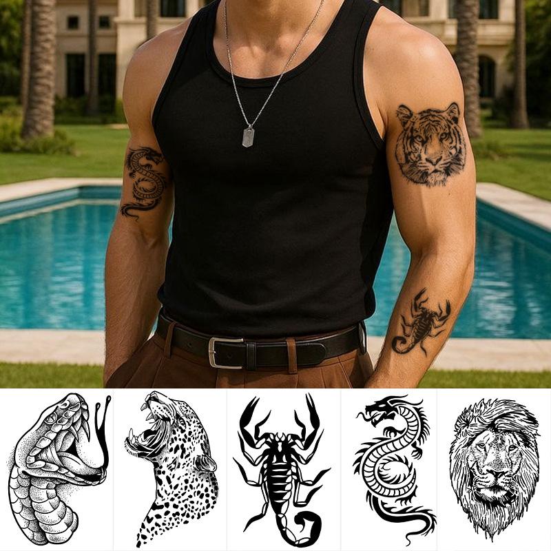 Domineering Dark Men'S Faucet Snakehead Scorpion Tiger Leopard Lion Disposable Temporary Tattoo Sticker