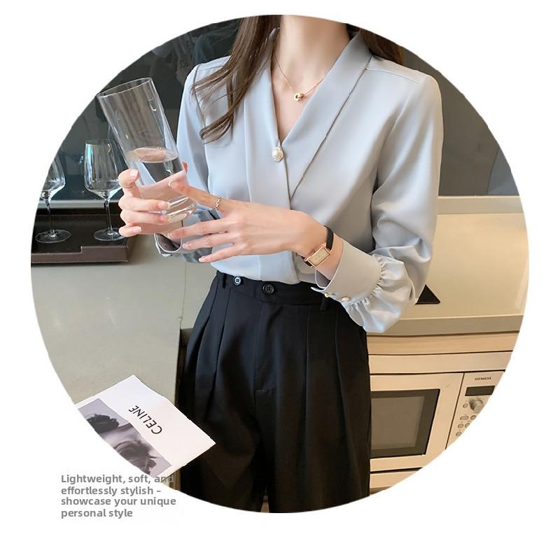 New Spring and Autumn Elegant Pearl Decorated Silk Satin High-End V-Neck Chiffon Blouse for Women