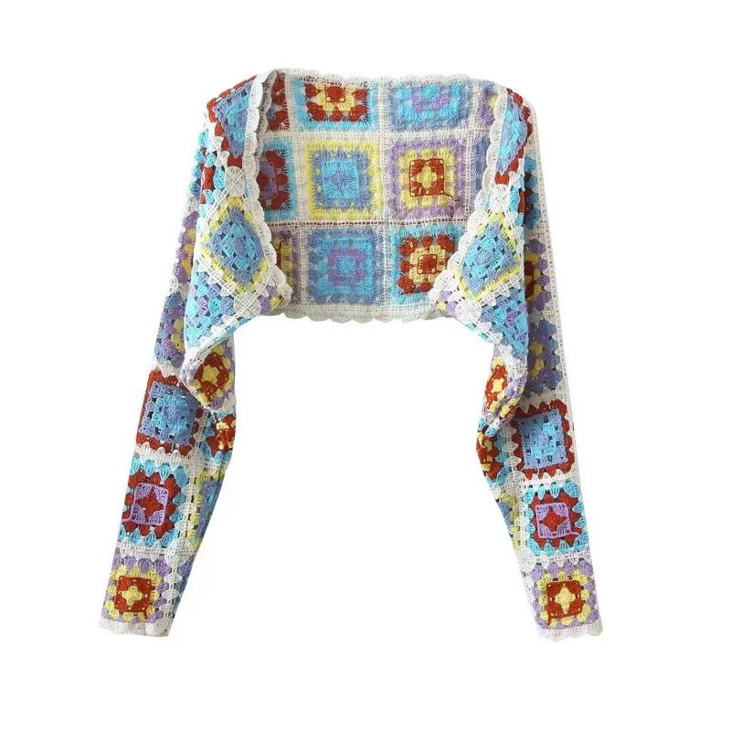 Vintage Colourful Hollow Out Long-sleeved Outer Knitted Cardigan Women's Autumn Cardigan Short Chic Tops