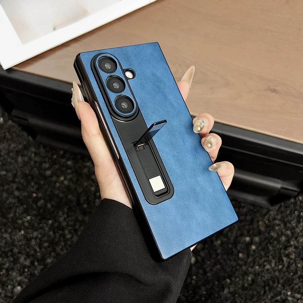 Samsung Galaxy Z Fold 7 6 5 4 3 Zfold6 Pu Leather Invisible Bracket Holder Cover Z Fold7 5G Luxury Suede Pattern Phone Case