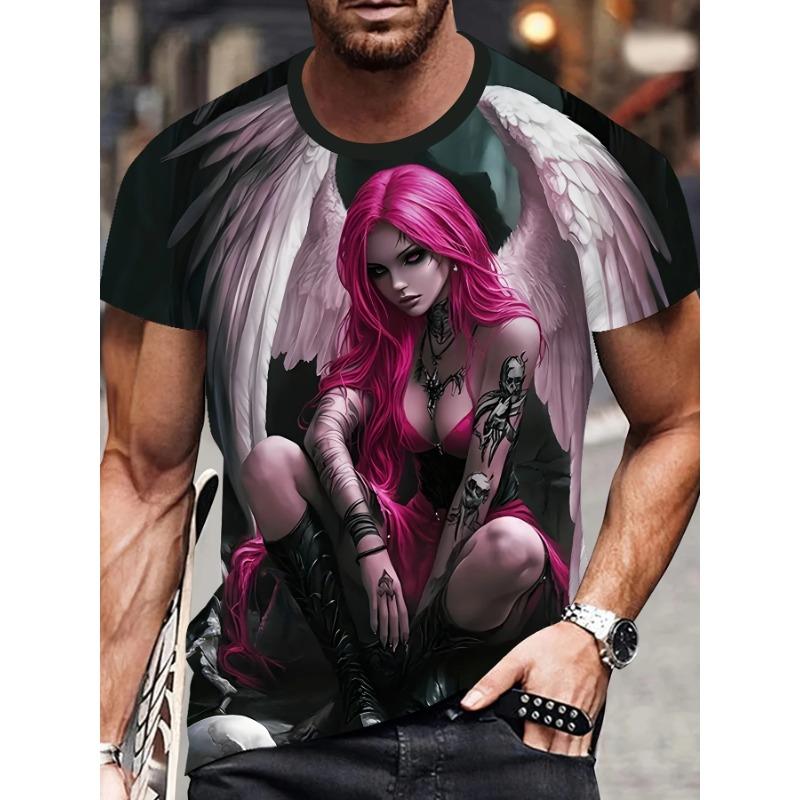 

Летний топ с круглым вырезом и 3D-принтом ангела, модная повседневная мужская футболка с коротким рукавом XS