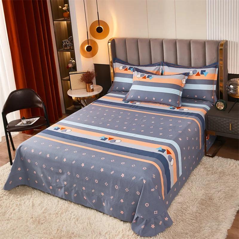3Pcs Simple Geometric Plaid Bed Sheet Set 100% Cotton Skin-friendly Queen Size Bedding Set Thickened Flat Sheet with Pillowcases