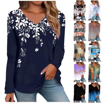T-shirt da donna Stampa retrò Manica lunga Quotidiano Weekend Quotidiano Basic Scollo a V Regolare Autunno Inverno Top
